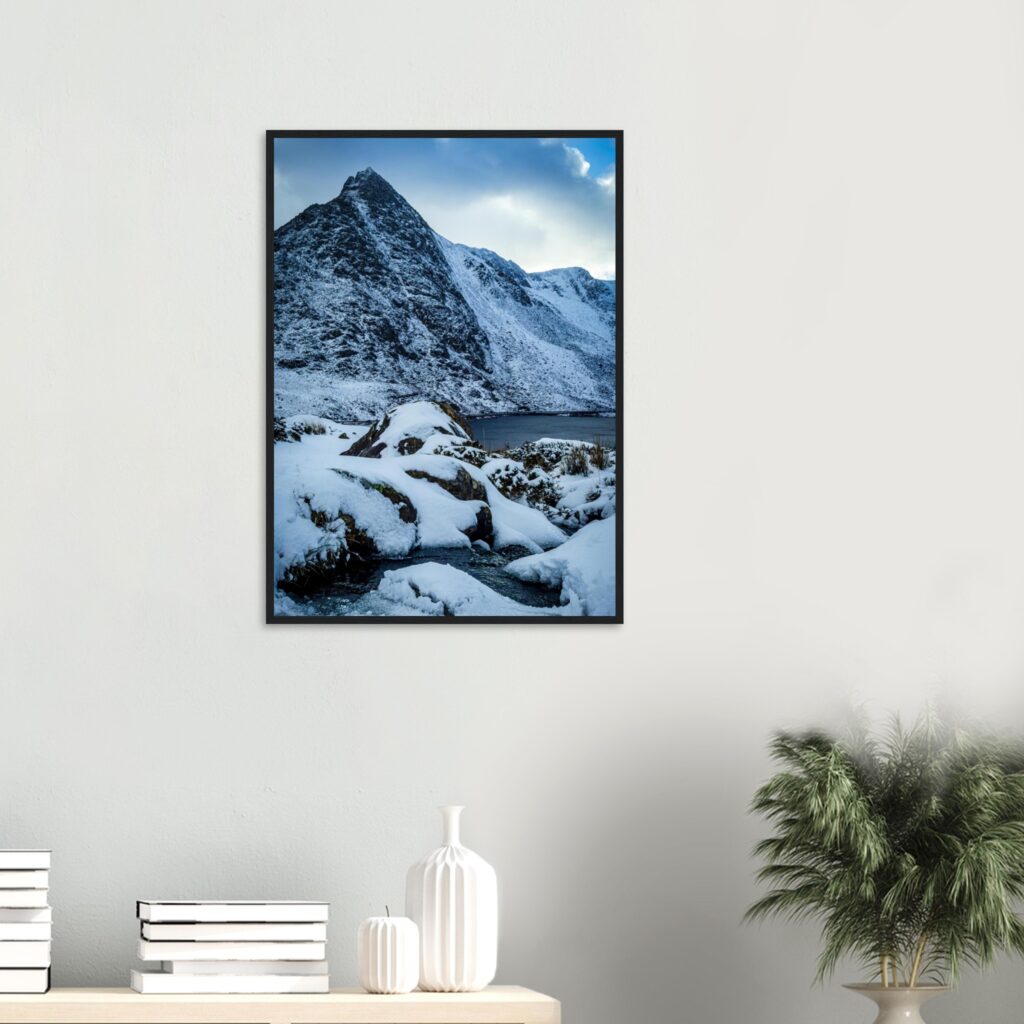 Mighty Tryfan Framed Poster – Stunning Snow-Capped Mountain Photography from Snowdonia